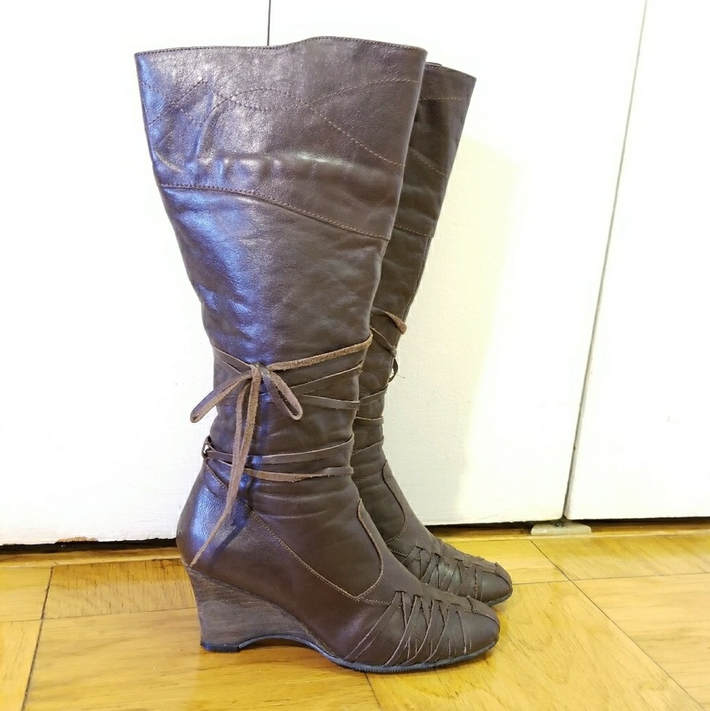 Brown Huarache Wedge Heel Boots